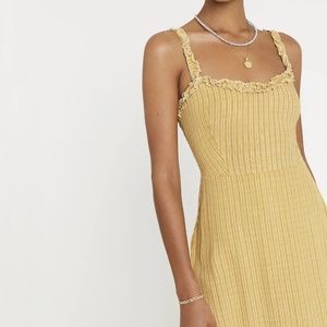 Faithfull The Brand Yellow Orange Printed Plaid Full-Length Midi-Dress. Size S.